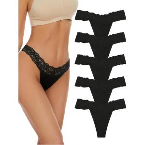 imagevoenxe Seamless Lace Thongs for Women No Show Thong UnderwearLady Breathable Comfort Panty Soft Laser Cut UndieTanga5PackBlack