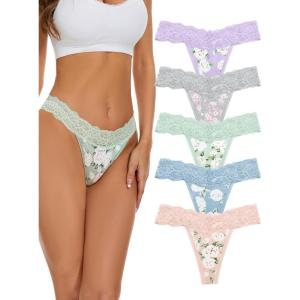 imagevoenxe Seamless Lace Thongs for Women No Show Thong UnderwearLady Breathable Comfort Panty Soft Laser Cut UndieTanga5PackFloral