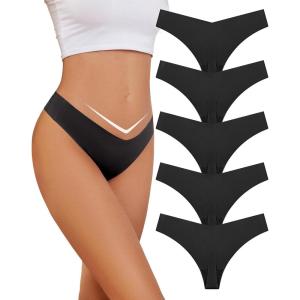imagevoenxe Seamless Women Underwear ThongV Cut No Show Line Ladies PantiesLow Rise Breathable Comfortable Undies V Waist 5PackBlack