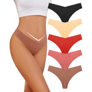 imagevoenxe Seamless Women Underwear ThongV Cut No Show Line Ladies PantiesLow Rise Breathable Comfortable Undies V Waist 5PackCoffee