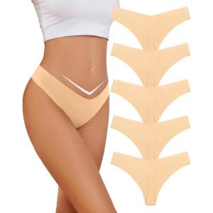 imagevoenxe Seamless Women Underwear ThongV Cut No Show Line Ladies PantiesLow Rise Breathable Comfortable Undies V Waist 5PackNude