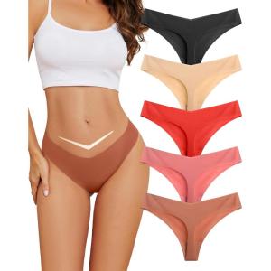 imagevoenxe Seamless Women Underwear ThongLow Rise No Show Ladies PantiesV Waist Cut No Line Breathable Brief Comfortable 5PackCoffee