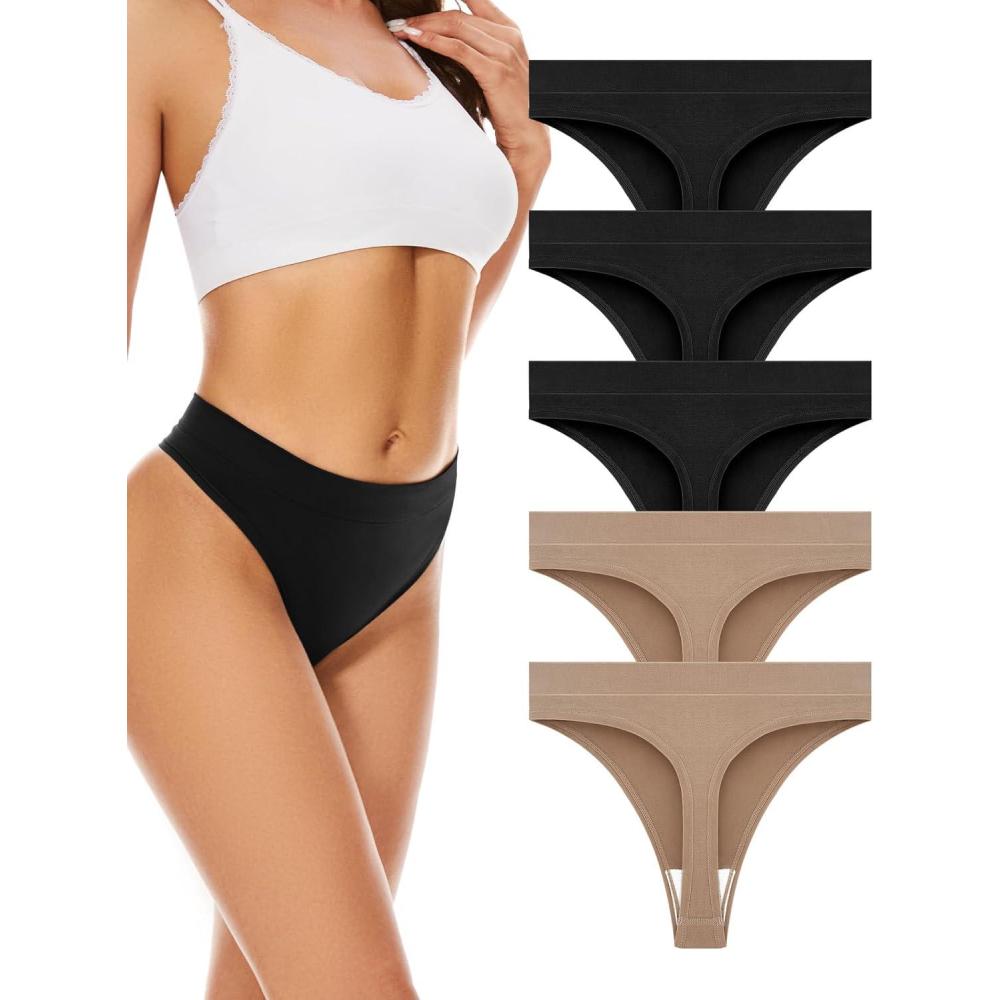 imagevoenxe Seamless Womens Thong UnderwearHigh Waisted Tanga Woman No Show PantiesBreathable Workout Comfortable Undies5 PackBlacknude