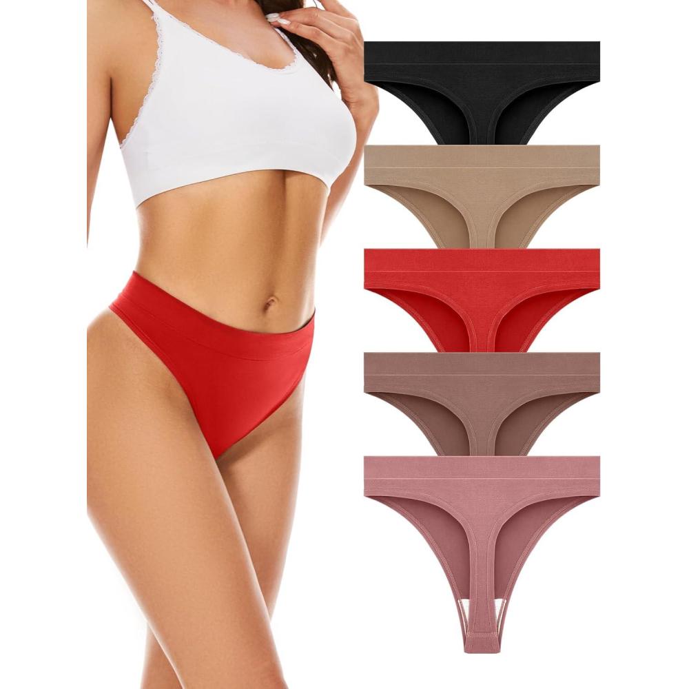 imagevoenxe Seamless Womens Thong UnderwearHigh Waisted Tanga Woman No Show PantiesBreathable Workout Comfortable Undies5 PackCoffee