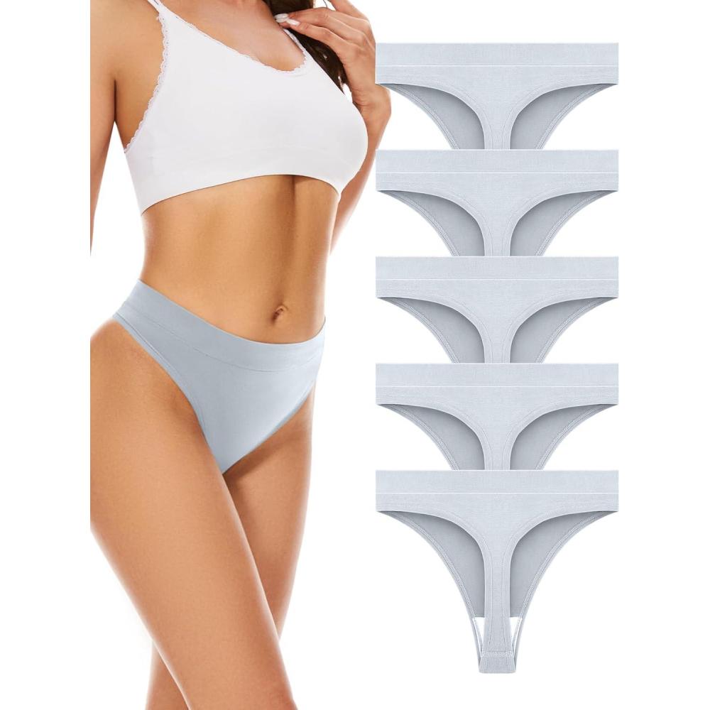 imagevoenxe Seamless Womens Thong UnderwearHigh Waisted Tanga Woman No Show PantiesBreathable Workout Comfortable Undies5 PackGrey