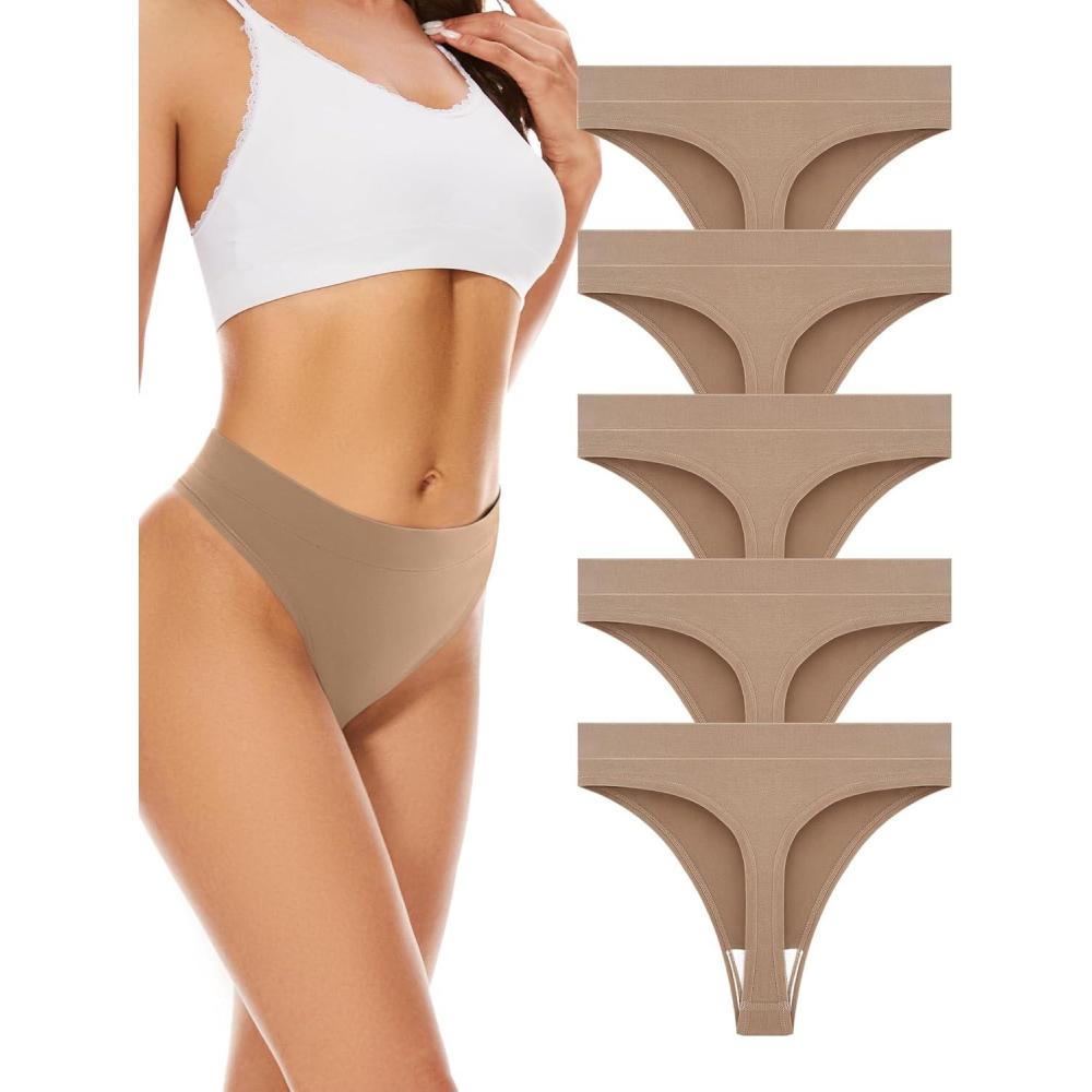 imagevoenxe Seamless Womens Thong UnderwearHigh Waisted Tanga Woman No Show PantiesBreathable Workout Comfortable Undies5 PackNude