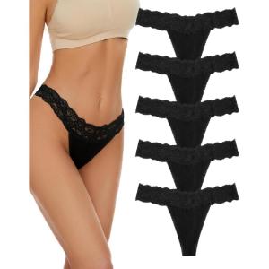 image:imagevoenxe Seamless Lace Thongs for Women No Show Thong UnderwearLady Breathable Comfort Panty Soft Laser Cut UndieTanga5Pack Black